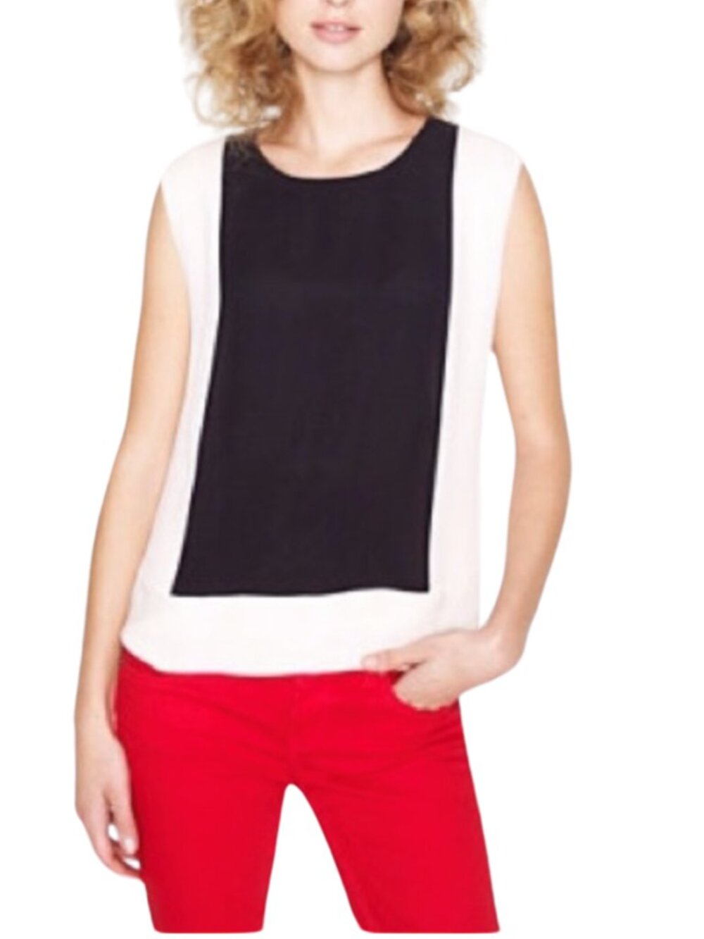 J. Crew 100% Silk Colorblock Sleevless Shell Tank Blouse Sz 8 Cream Black Preppy
